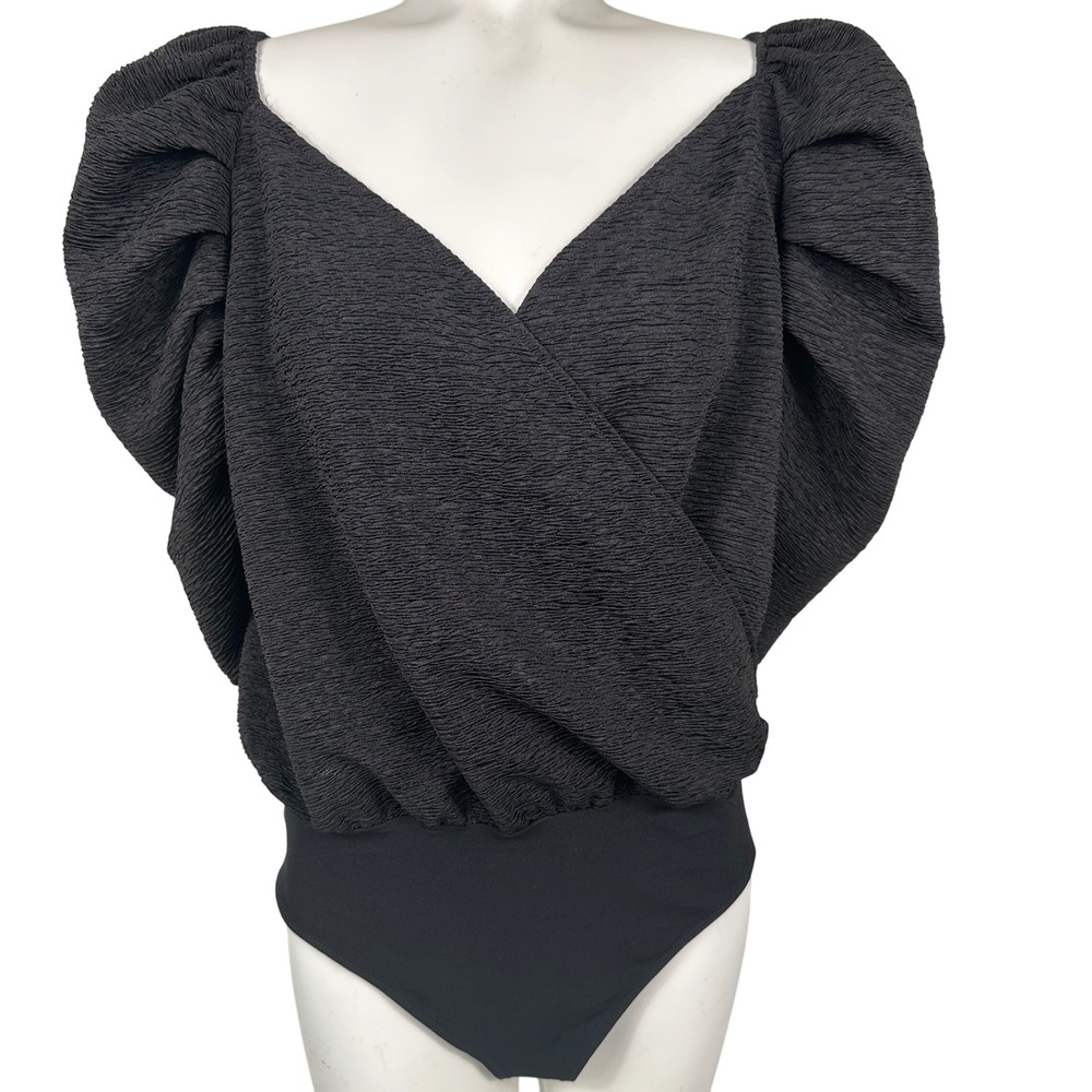 Express‎ Textured Puff Sleeve Surplice Bodysuit L Whimsy Goth Victorian Coquette